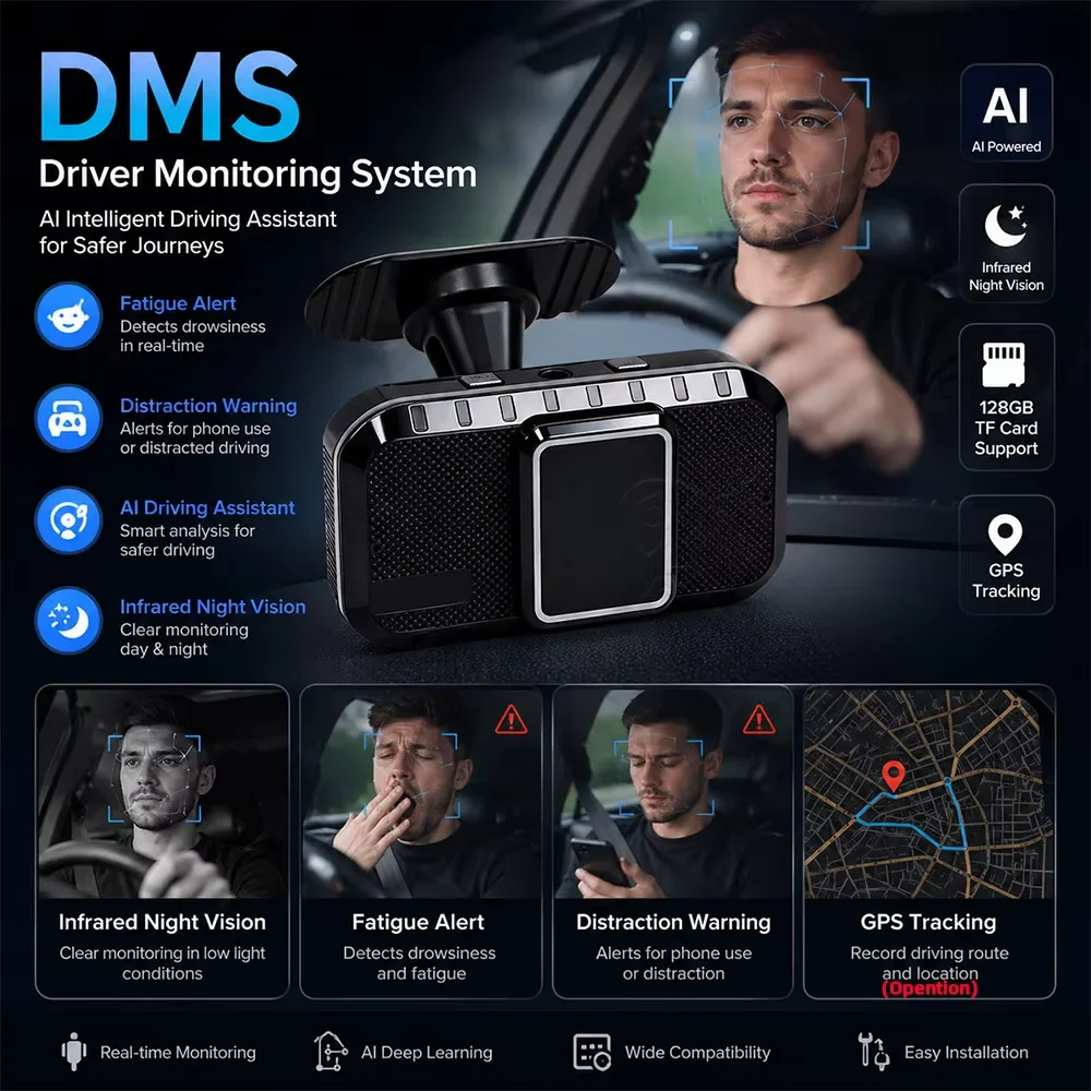 DMS AI Smart AHD 1080P GPS Camera Plug and Play Driving Assistant 24H Anti-fatigue Sleepy Voice Warning Support Video Record