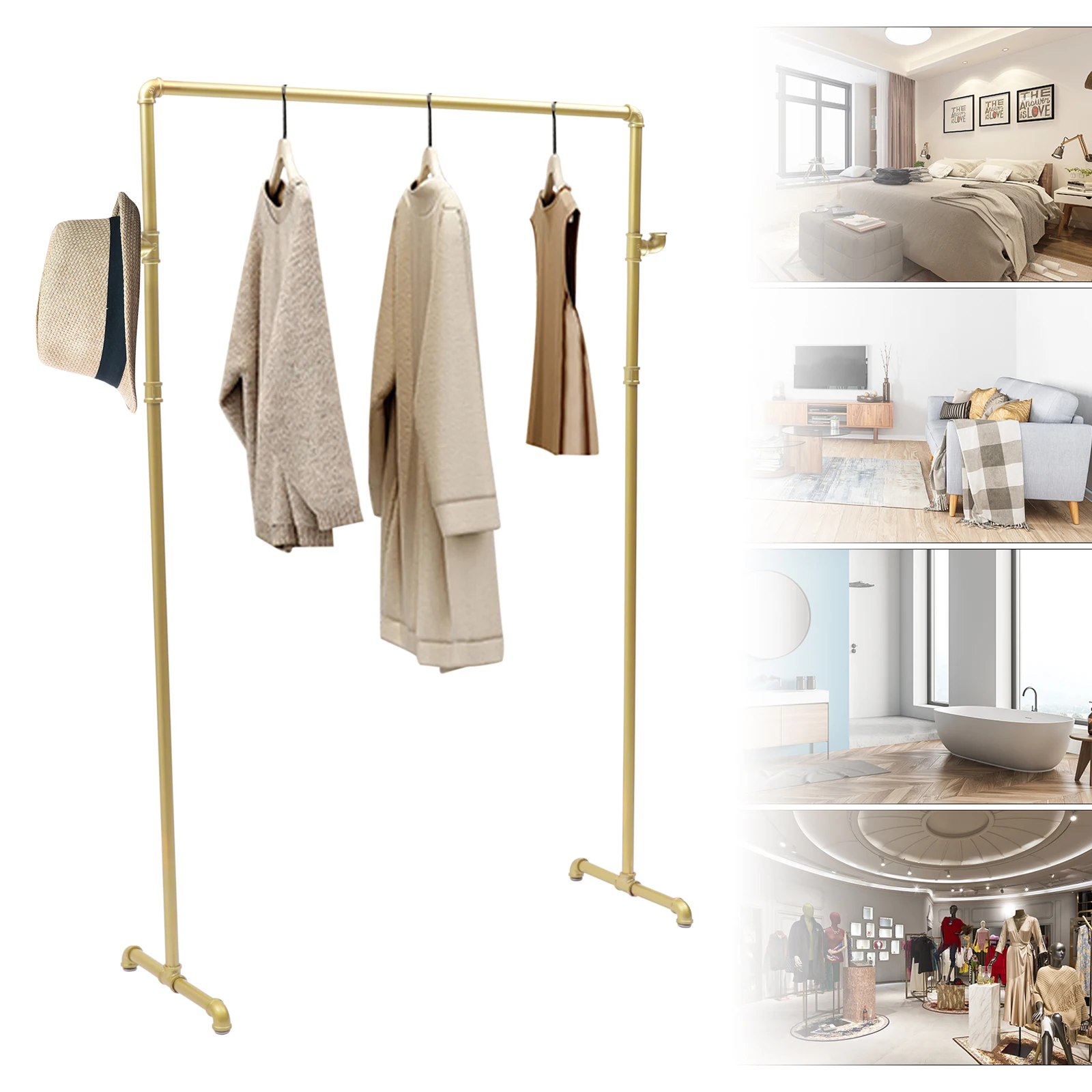 

Golden Industrial Pipe Clothing Rack,Heavy Duty Steel Clothes Racks with 2 Side Hooks 108*40*160cm for Hanging Clothes