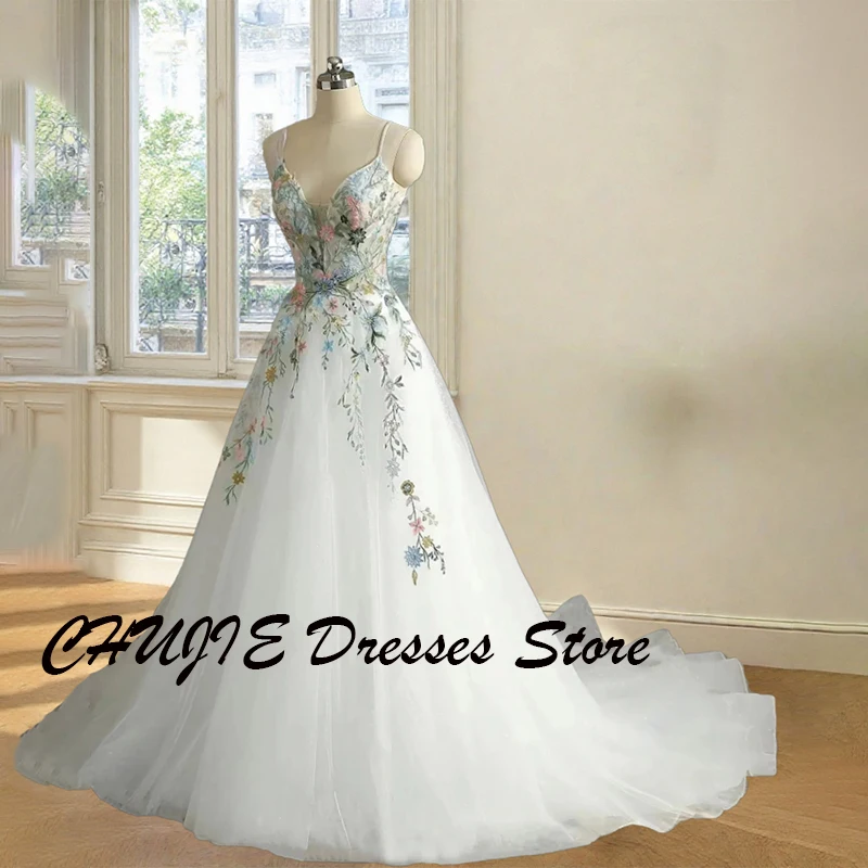 

Customized Embroidery Flowers Evening Dresses Glitter Tulle White Gorgeous Prom Dresses A Line Hollow Back Vestidos De Fiesta