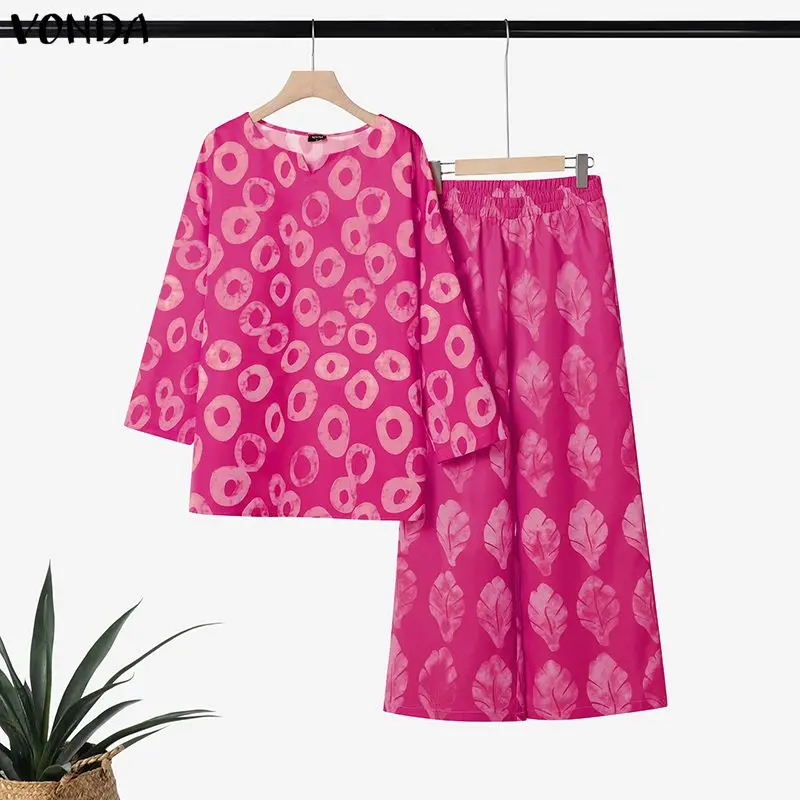 

VONDA Plus Size 5XL Women Fashion Pant Sets Autumn Long Sleeve Tops and Wide Leg Pants Print 2pcs Oversized 2 Piece Outfits 2026