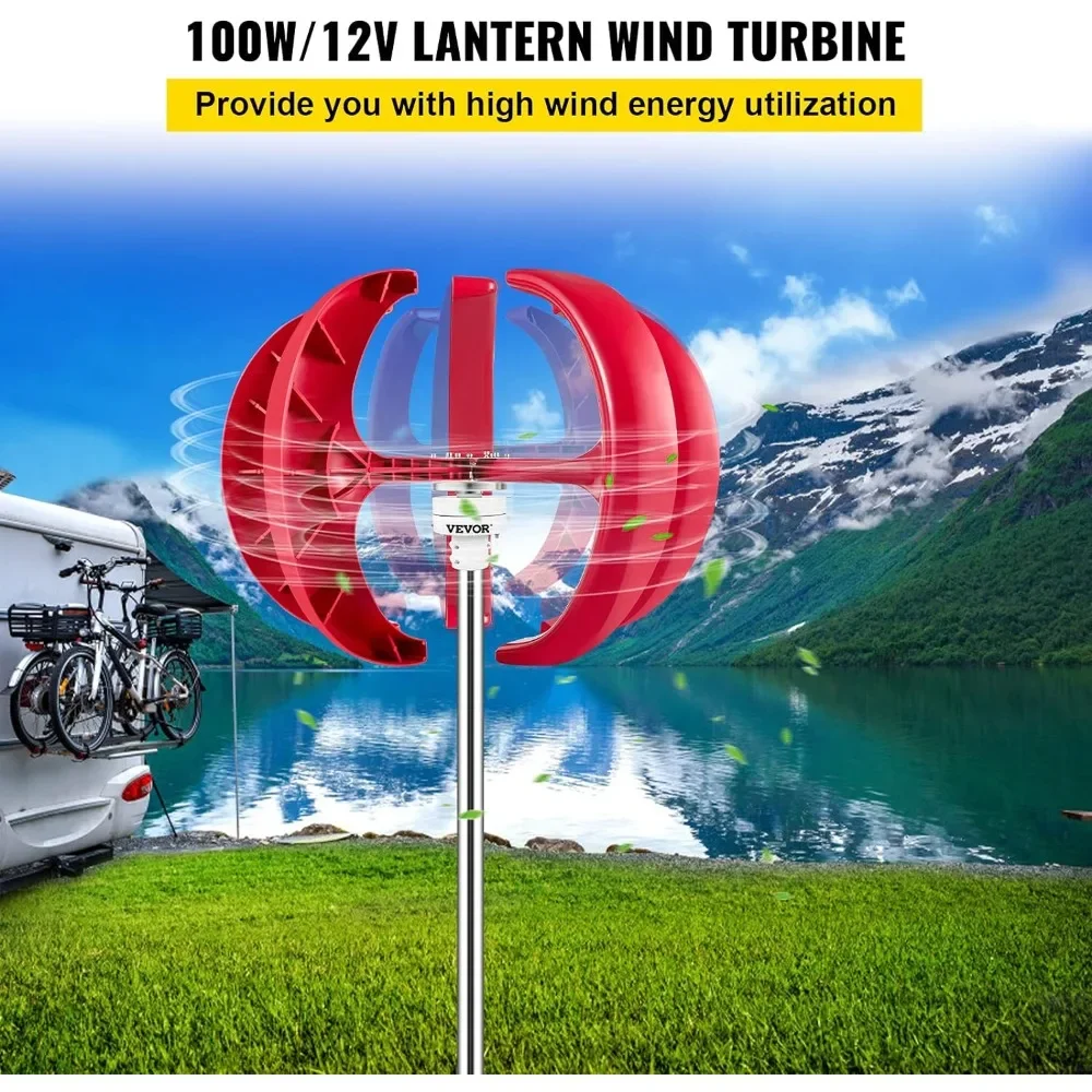 Wind Turbine, 12V/100W Vertical Turbine Generator, 35'' Wheel Diameter Axis w/Monitoring Light/Built-in Controller Home Red