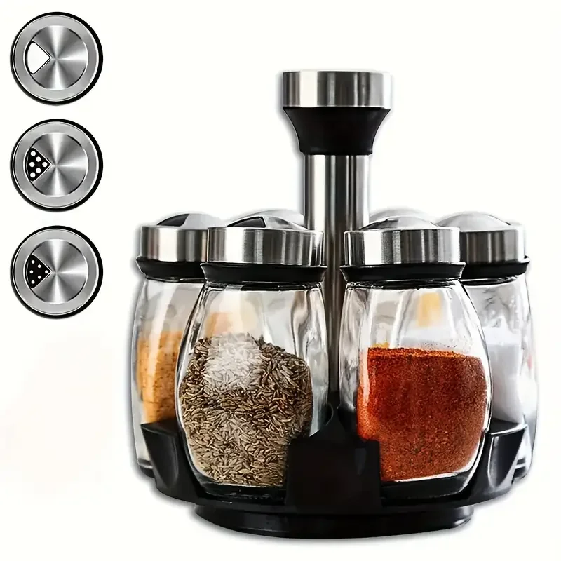 

Seasoning Container Spice Jar Set Rack Organizer Rotating Countertop Seasoning Sugar Pepper Salt Shakers Kitchen Storage Gadgets
