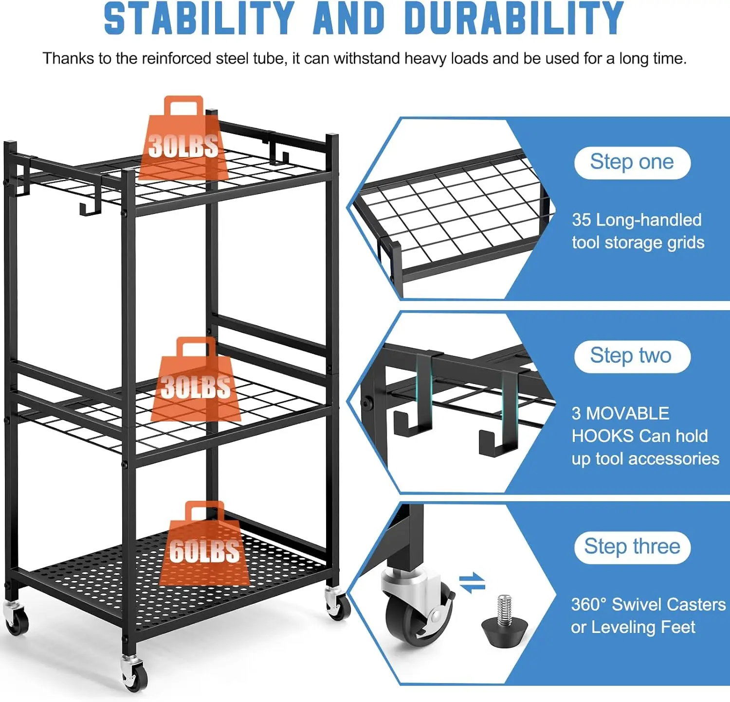 Garden Tool Organizer with Wheels, Yard Tool Tower Rack for Garage Organization, Holds up to 35 Long-Handled Tools, Sturdy Metal