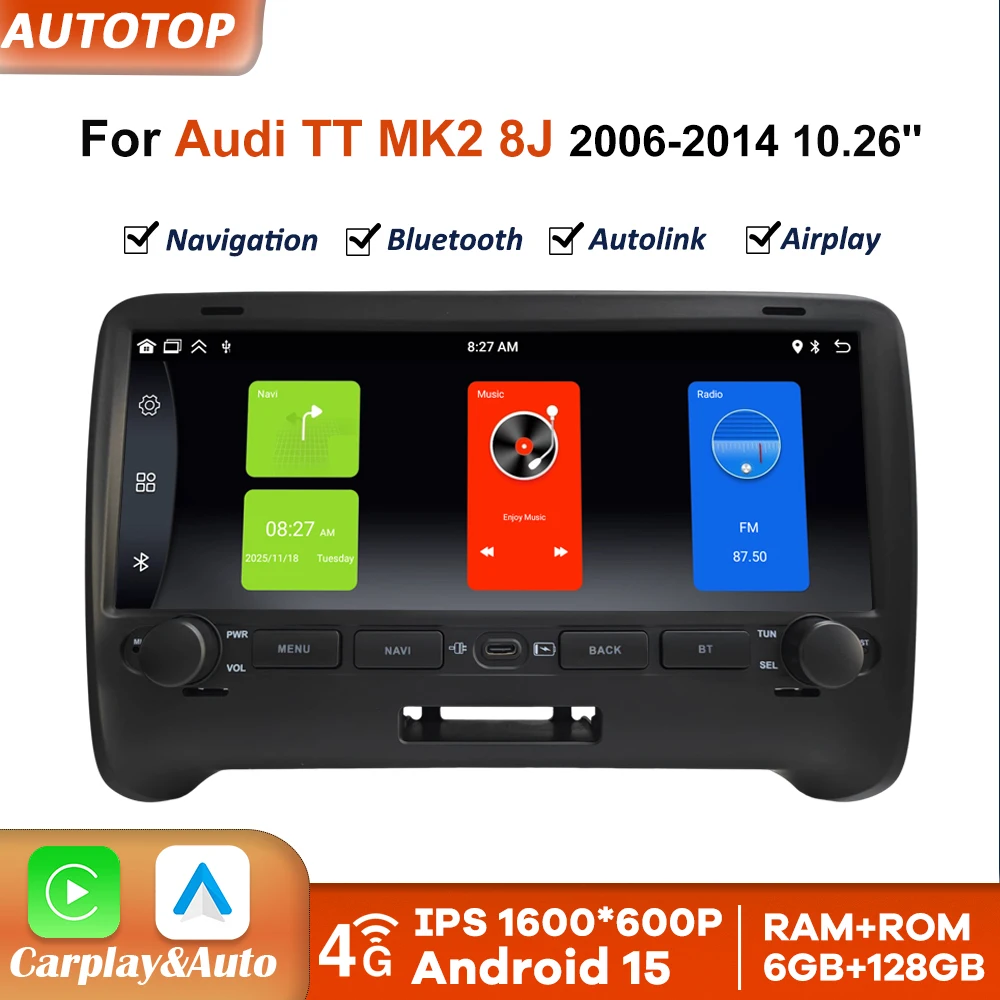 Schermo autoradio stereo da 10,26 pollici Android 15 con Carplay wireless e Android Auto per Audi TT MK2 8J 2006-2014, 8 core, 6+128GB, 4G, DSP, RDS, multimediale, navigazione GPS, lettore video,