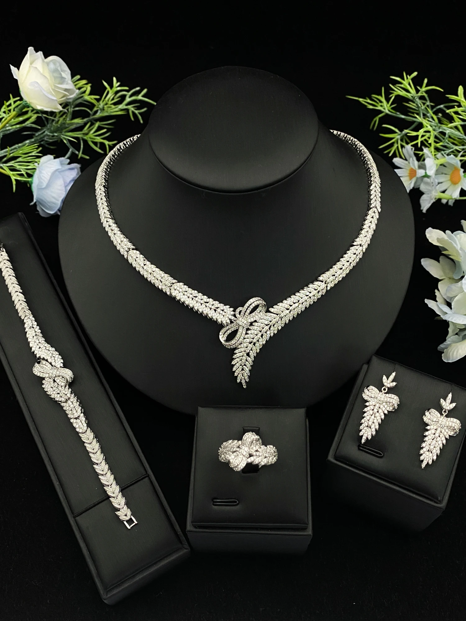 

JRH Wedding Jewelry Set for Women Sparkling Zirconia Earrings Necklace Ring Bracelet Collection Dubai Saudi Arabia Bride