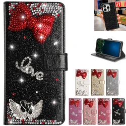 Glitter Glow Bow Wallet Luxury Case For iPhone 17 ProMax Air 16 E Pro 15 14 Plus 13 Pro Max 12 Mini 11 XSMax Flip Swan Cover