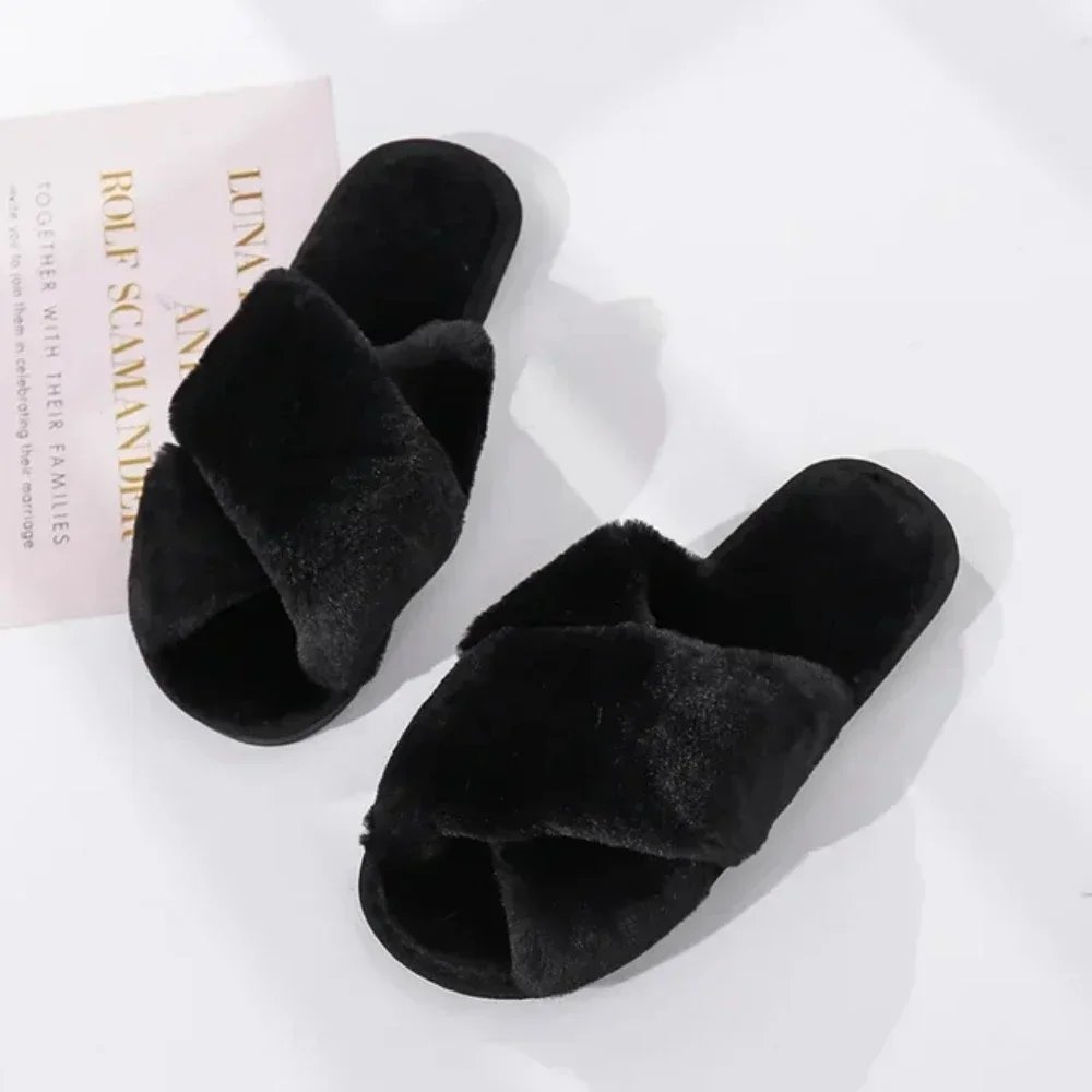Winter Women House Slippers Faux Fur Fashion Warm Shoes Woman Slip on Flats Female Slides Black Pink cozy home furry slippers