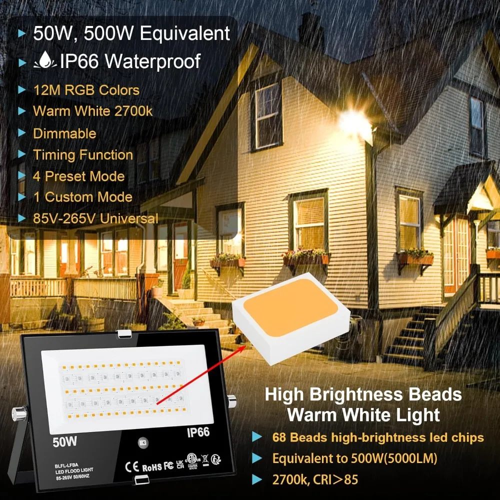 LED Flood Light Outdoor 500W Equivalent Color Changing Landscape Lighting,24H Timing+120 Colors Strobe+2700K Warm White