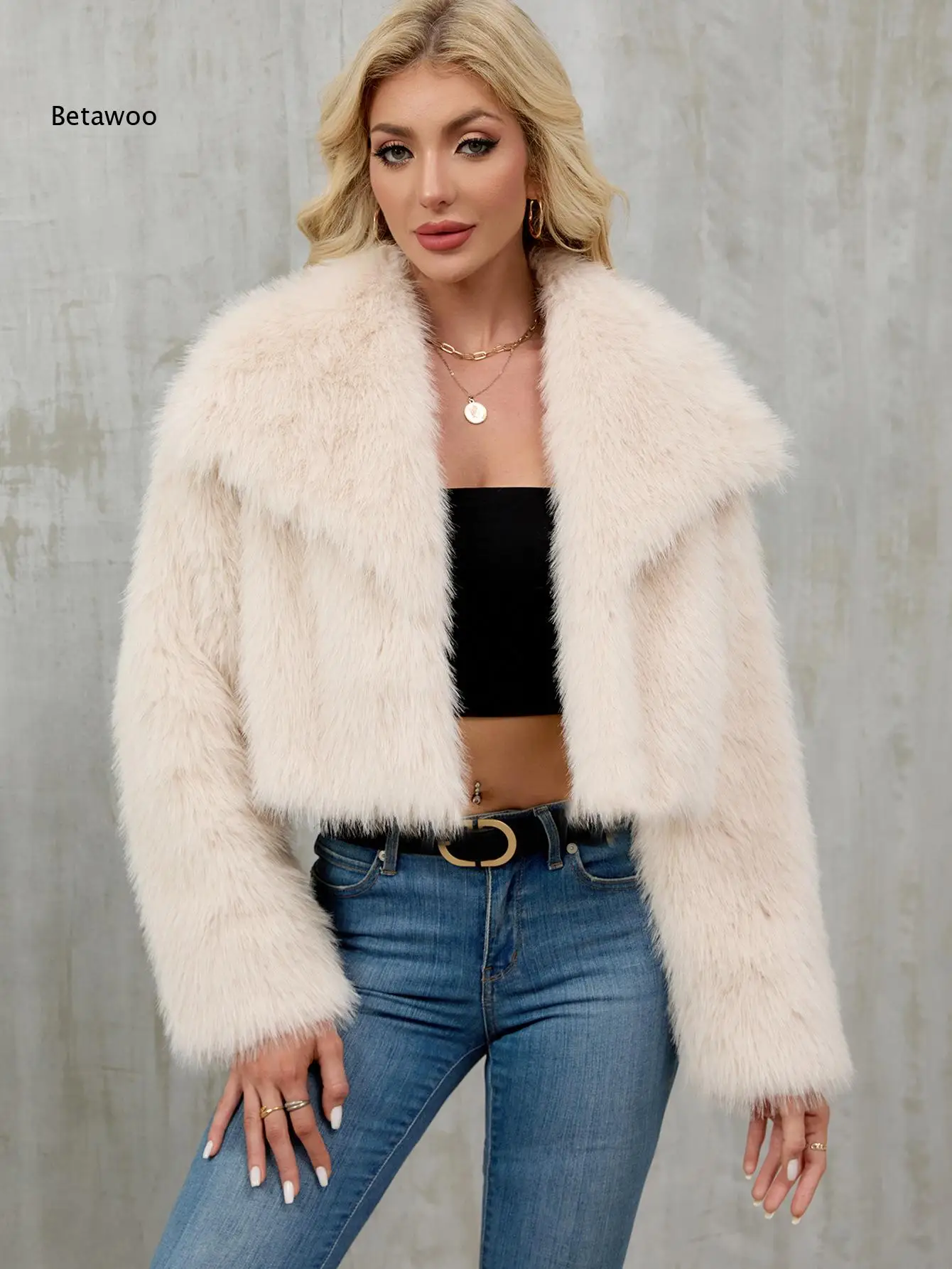 Wide Big Collar Cropped Fuzzy Fur Coat Long Sleeve Open Front Plush Faux Fur Short Outerwear Versatile Winter Crop Jacket