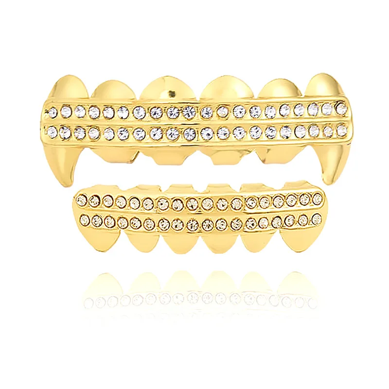 Hot Selling Hip-Hop In Europe America BlindingTeeth Gold-Plated Double Row Zircon Braces Halloween Tooth Decoration