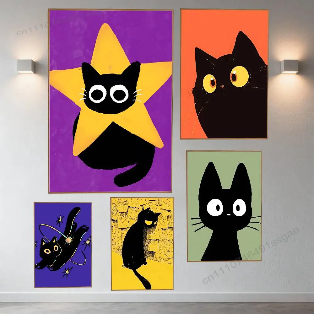 

Cartoon D-Drawing Black Cat Poster Retro Paper Sticker DIY Room Bar Cafe Aesthetic Art Wall Painting