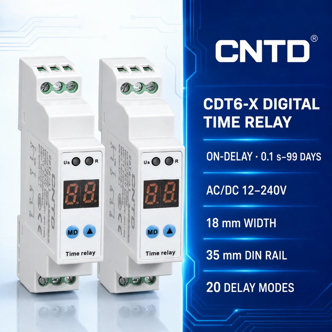 CNTD Time‑Delay Relay, DIN Rail Mount, AC/DC 220V Power‑off Delay, Adjustable Dual‑function CDT6‑EC110M delay range 0.1s~10d