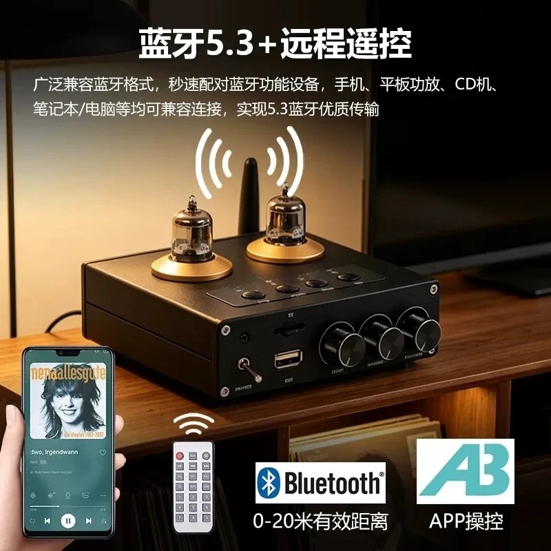 Tube Preamplifier Bluetooth 5.3 HiFi Audio Front Stage Bass Treble Adjustment Home Theater Stereo Sound System Long Tail