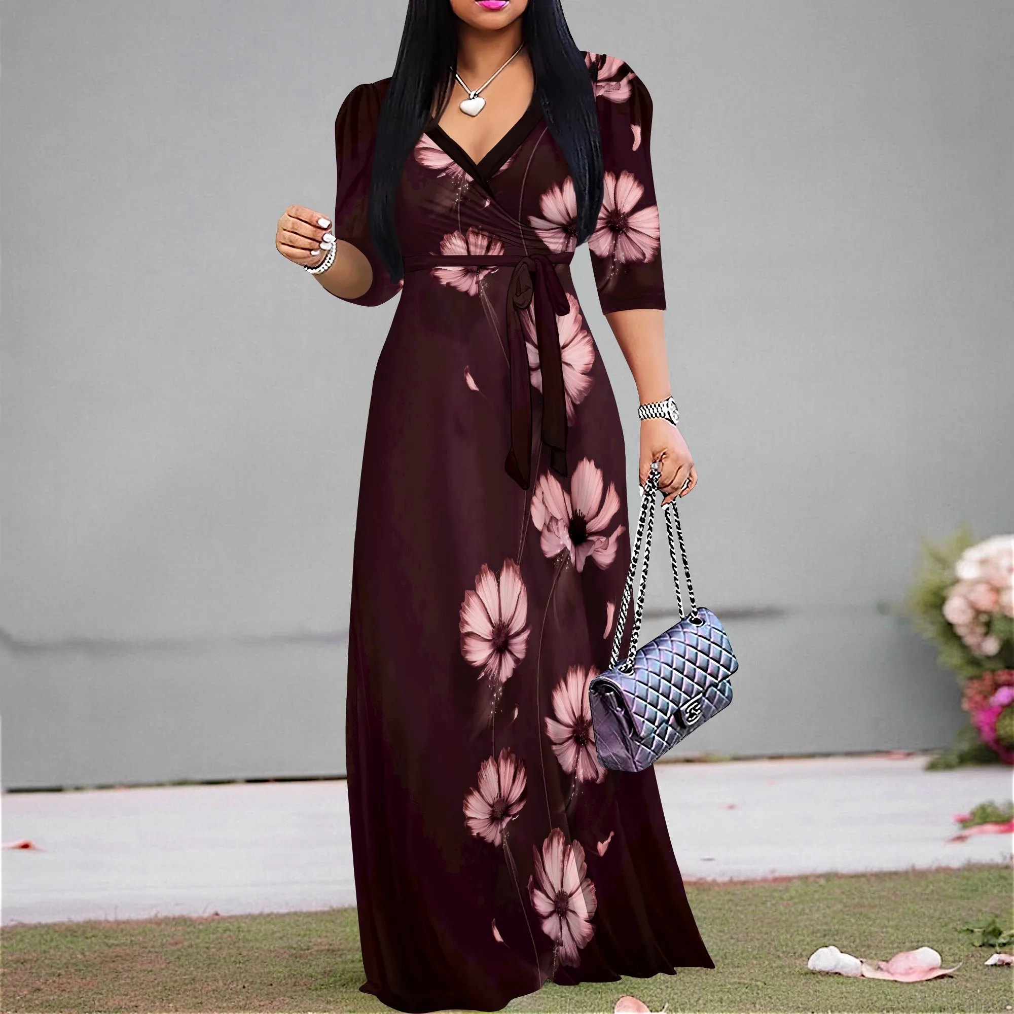 

EQQZD Women's Black Floral Three-Quarter Puff Sleeve Dress with Pockets Polyester A-Line Casual Fall Chic