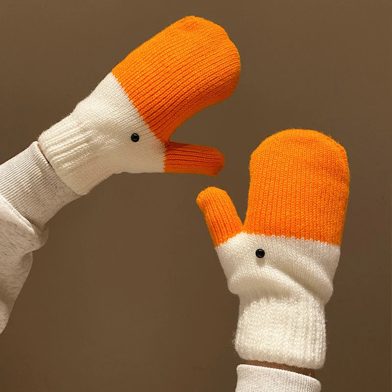 Creative Funny Big Goose Knitted Gloves Women Winter Warm Fleece-lined Thickened Cold-Proof Student Riding Driving Mittens