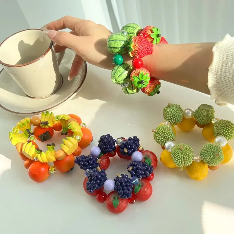 Resin Beaded Bracelet Simulation Fruit Vegetable Pattern Cute Dopamine Bohemian Jewelry for Girls Vacation