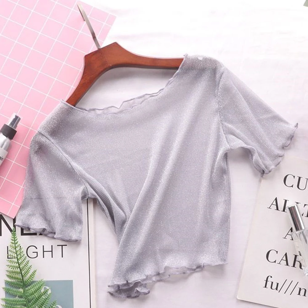 

Navel Exposed Short Base Shirt Fashion Sweet Half Cut Short Sleeved Women Fresh Mesh Clothing Elastic Shiny Transparent T-shirt