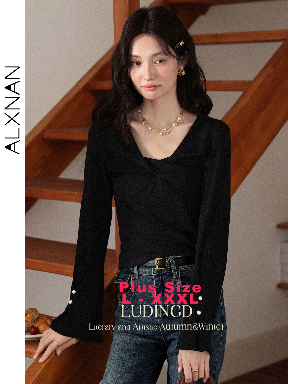 

ALXNAN Plus Size Black Knitted T-shirt Women V-neck Long Sleeve Tees Autumn Elegant Pearl Button Bow Pleated Neckline Top D12535
