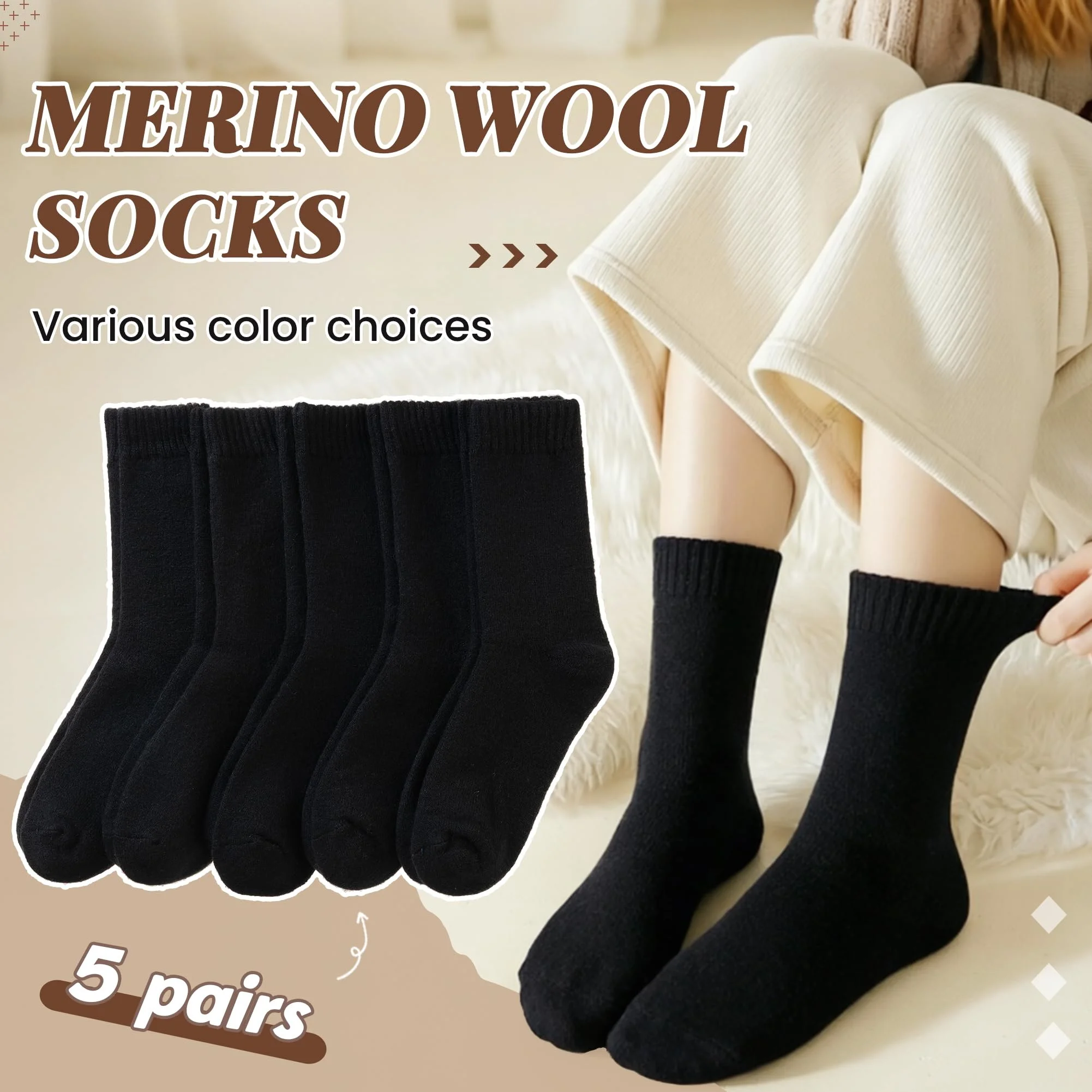 5 Pairs Ladies Basic Solid Black Wool Warm Socks Thick Thermal Comfortable Casual Mid Tube Socks Autumn Winter Accessory