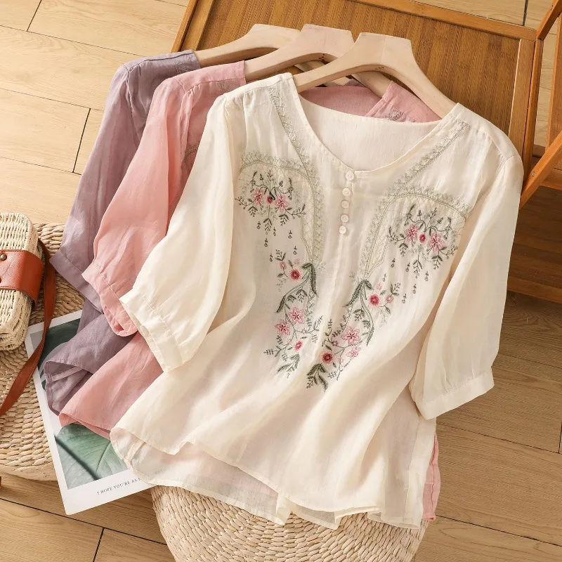 

Embroidery Chinese Style Women's Shirt Summer New Cotton Hemp Korean Clothing Sales Loose Short Sleeve Top Vintage Women Blouses