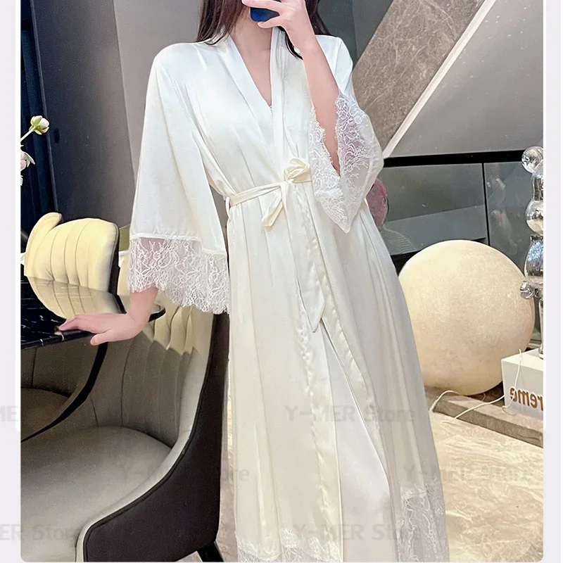 Abiti da sposa lunghi da sposa Camicia da notte e vestaglia da donna Set da 2 pezzi Indumenti da notte leggeri con cinturino per spaghetti in pizzo sexy con imbottitura sul petto