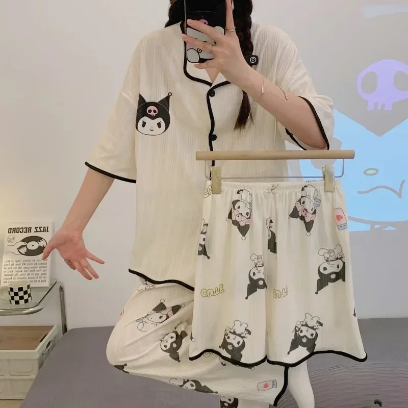 Sanrio Clow M Autumn Pure Cotton Short-Sleeved and Trousers Three-Piece Suit Women\'s Pajamas Pajamas Suit Silk Pajamas for Women