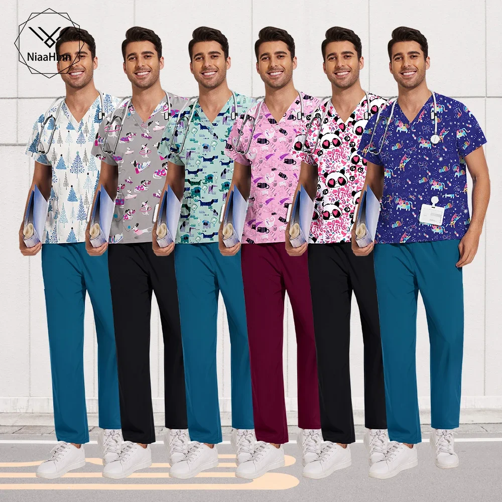 Niaahinn Nursing Articles Printed Fashion Short-Sleeved Surgical Work Unisex Oral Doctor Pet Nurse Scrub Uniform Mens Scrub Sets