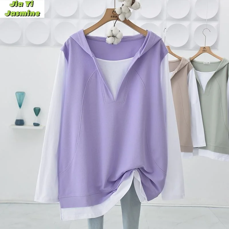 Spring and Autumn Hooded Fake Two Piece Splicing Loose Medium Length Casual Long Sleeve Hoodie