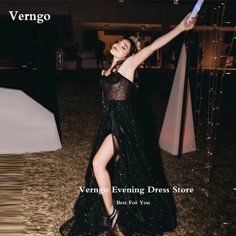 

Verngo Sparkly Black Tulle Long Prom Dresses Straps Split Pageant Gowns Shiny Formal Party Arabic Evening Gowns Plus Size