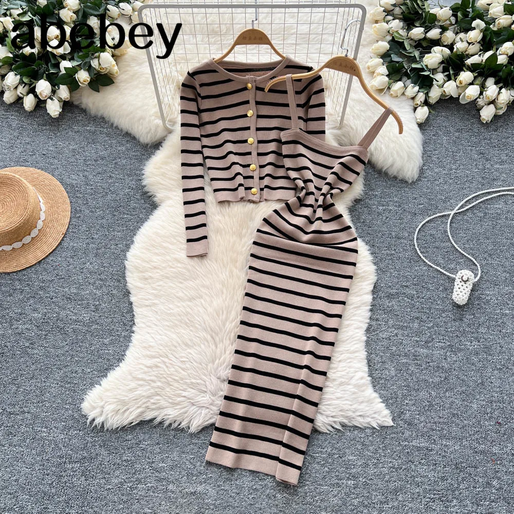 2026 Stripe Casual Two Piece Set Autumn Long Sleeve O Neck Cardigan+Strap Dress Fashion Senior Slim Knit Dress Suits
