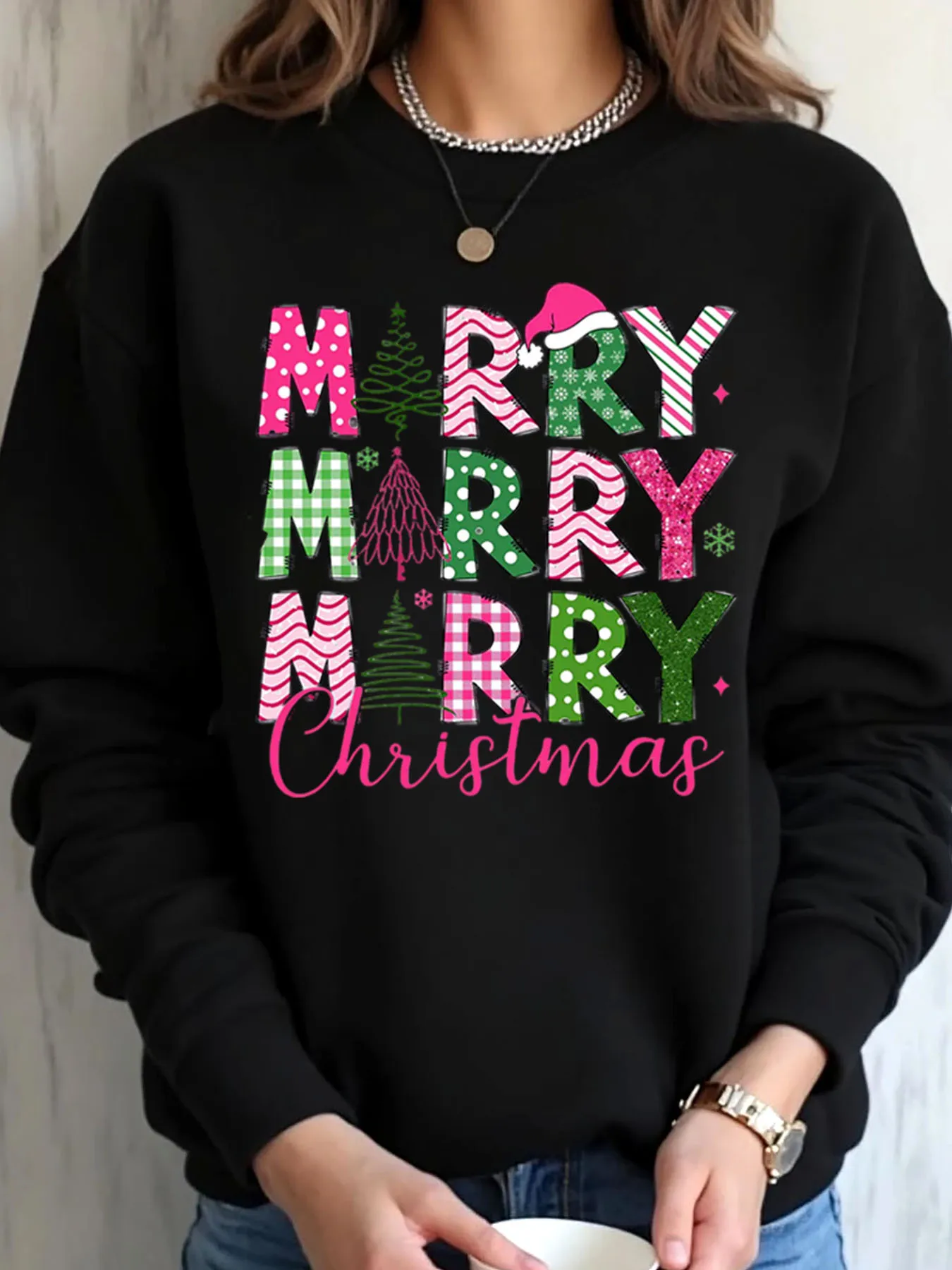 Übergroßes Damen-Sweatshirt mit Aufdruck „Merry Christmas“-Muster für den Außenbereich