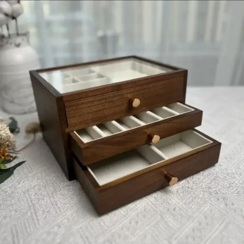 Solid Wood Luxury Jewelry Box Necklace Bracelets Display Ring Holder Storage and Organization Transparent Cover Portable Boxes