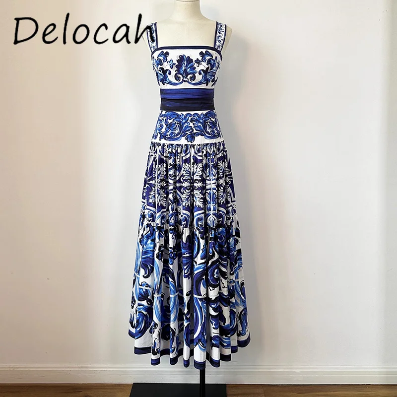 

Delocah Autumn 2025 Literary sense Blue and White Porcelain Printed A-line Two piece set Skirt set High waisted versatile