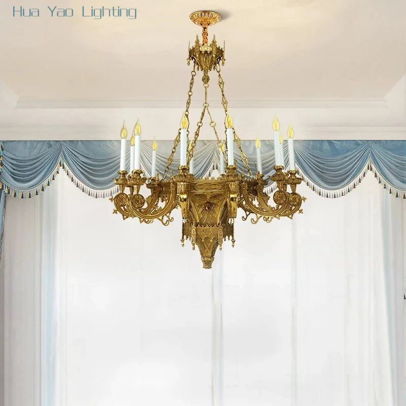 French Retro High-End Brass Villa Living Room Bedroom Chandelier Traditional Church Candle Pendant Light