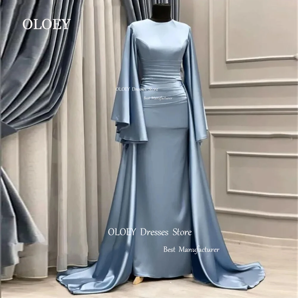 

OLOEY Modest Silk Satin Evening Dresses Square Neck Muslim Wedding Party Gowns 2024 Court Train Long Sleeves Bridal Dress