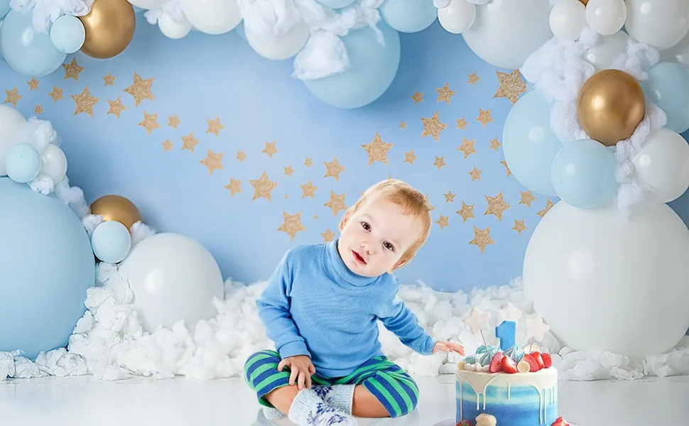 AIBIIN-Décors de joyeux anniversaire pour la photographie, nuages blancs, ballons dorés, étoiles, bannière de fête pour enfants, décoration de fond,