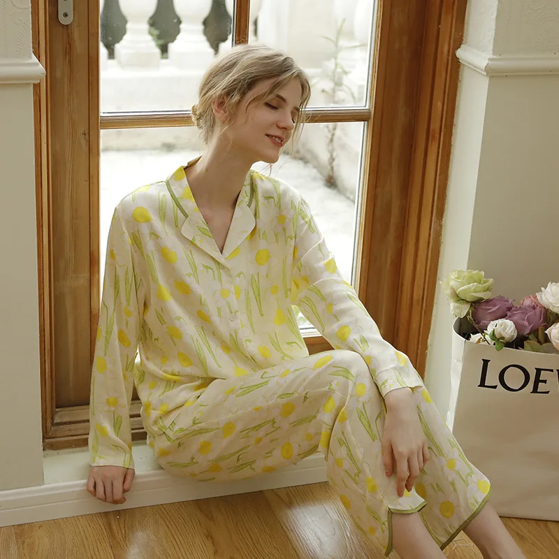 Autumn 2022 Pajamas for Women Satin Daffodils Printed Long-sleeved Trousers Pijamas Viscose Floral 2 Piece Sets Grace Home Wear