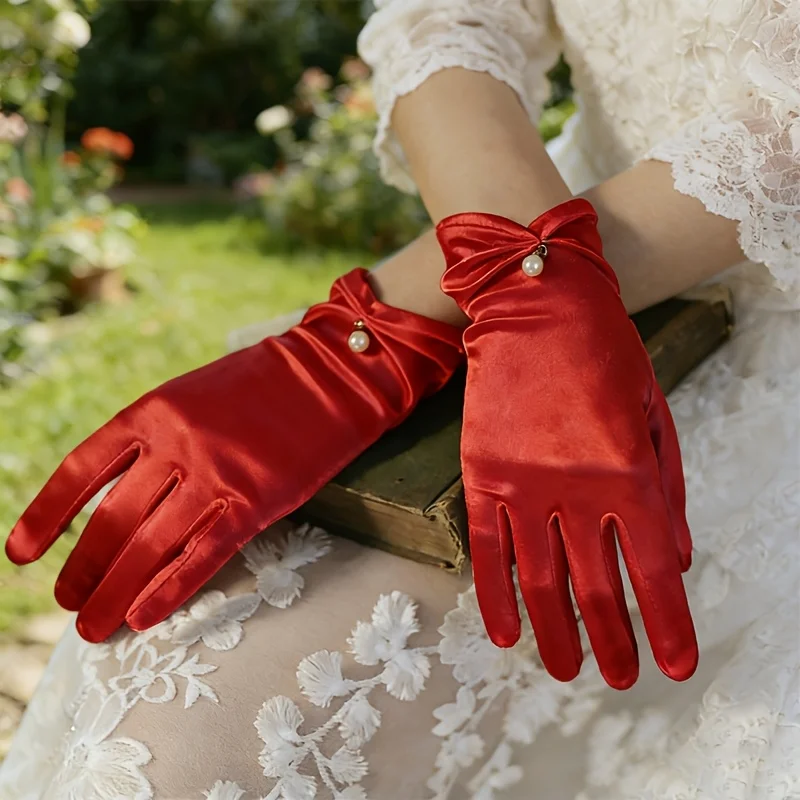 

Bridal gloves wedding dress satin pearl short elegant black retro white red wedding satin etiquette gloves