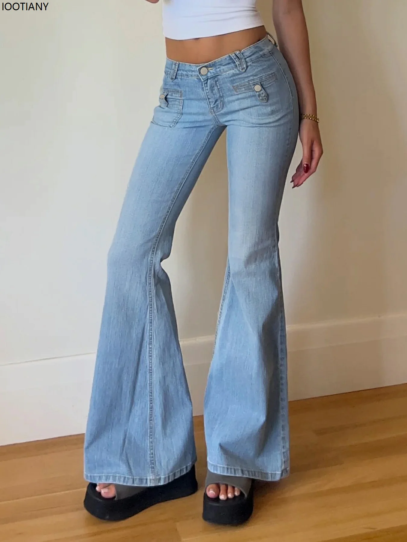 Light Blue Low Waist Flared Jeans Women's Street Style Y2k Slim Washed Jeans Retro Novelty Pocket Jeans Harajuku Style Women's 3