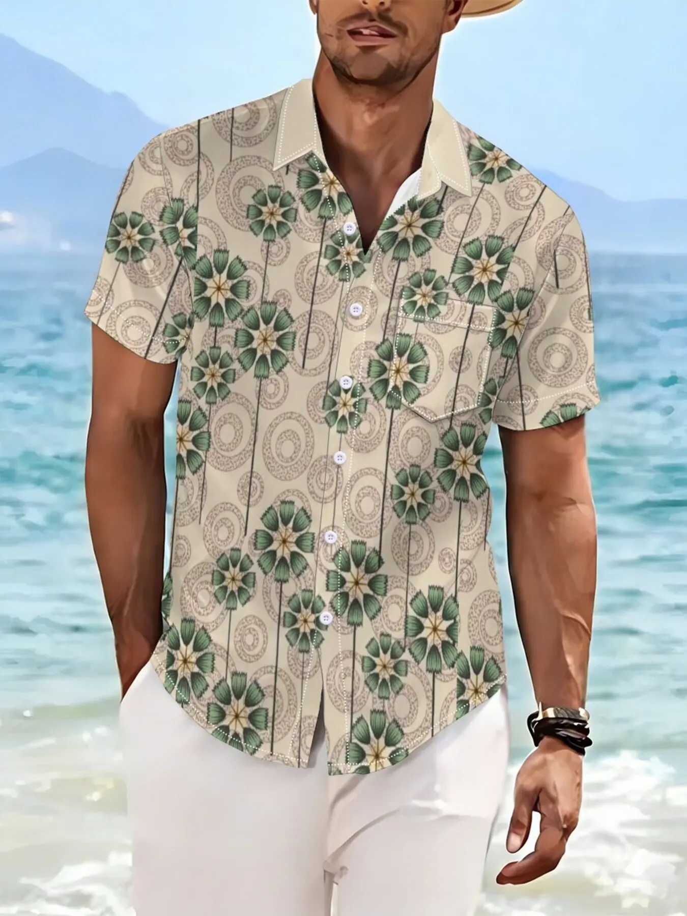 Men Green Floral Geometric Circle Print Turn Down Collar Short Sleeve Shirt Vintage Beach Holiday Top