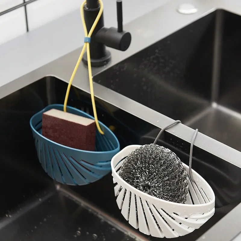 Kitchen Faucet Shell-shaped Belt Lanyard Sink Drain Hanging Bag Washing Pot Brush Steel Ball Sponge Drain Storage Basket White