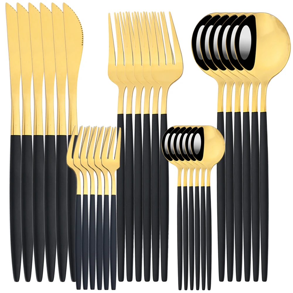 Black and Gold Stainless Steel Cutlery Set 30 Pcs. Mnirror Dinnerware Set