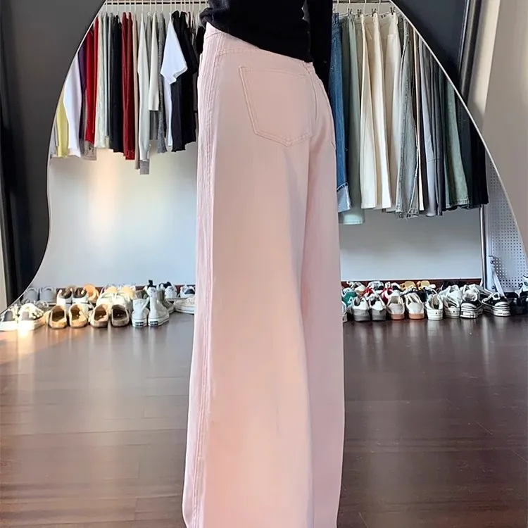 Słodkie Różowe Jeansy z Szerokimi Nogawkami Damskie z Wysokim Stanem Wyszczuplające Proste Spodnie Casualowe Zapinane na Zamek Długie Spodnie Wiosenne