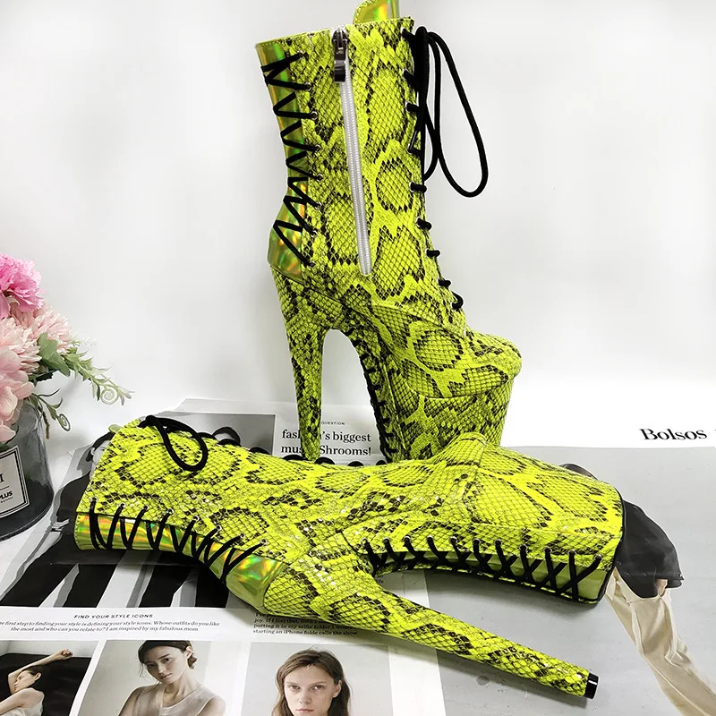 Snake Pattern Round Toe Mid-Calf Platform Women Boots Stiletto Super High Heels Lace Up Design Large Size Sexy Nightclub Shoes