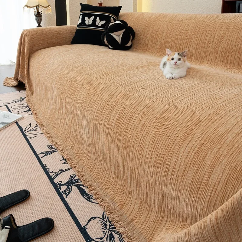 Nordic Style Light Luxury Solid Color Sofa Cushion Chenile Non Slip Anti Cat Scratch Blanket Four Season Universal Couch Cover