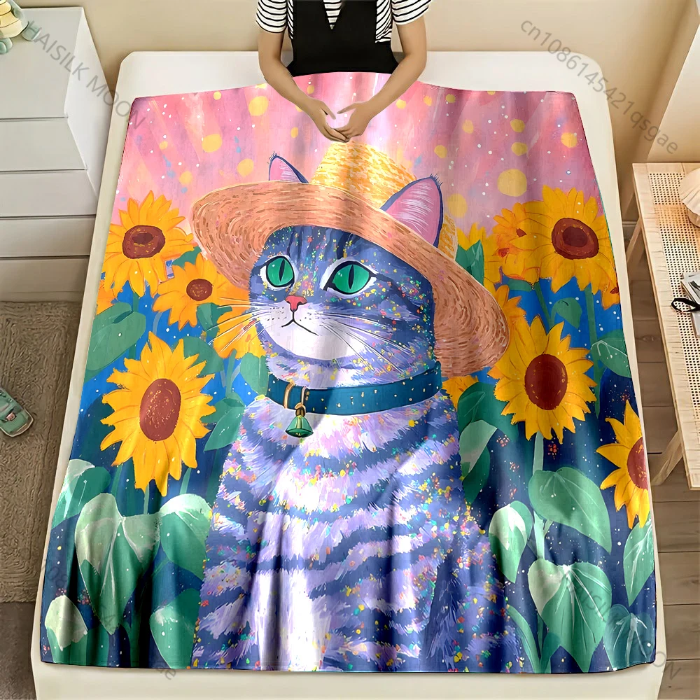 Sunflower Cat Theme Print Blanket Large Size Lightweight Super Soft Cozy Home Bed Sofa Office Tennis Court Available Great Gifts