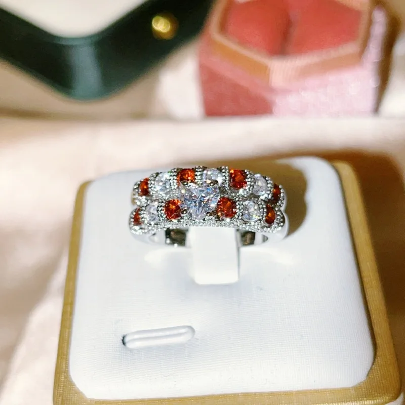 Fashion Women's Jewelry Red/White Full Diamond Ring European and American Personality Style Fashion S925 Silver Birthday Gift