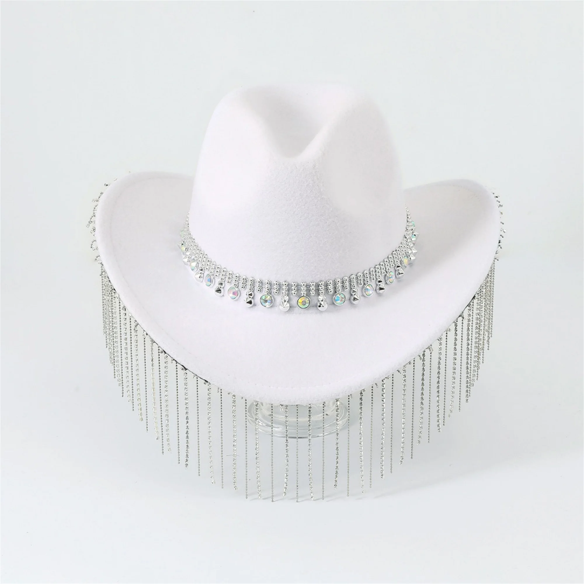 Stylish Women s Wide Brim Cowgirl Hat with Rhinestone Embellishments and Tassel Detail Elegant Wool Hat for Parties and Jazz