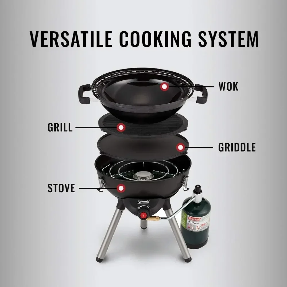 

ez 4-in-1 Portable Propane Camping Stove, Includes Stove, Wok, Griddle & Grill; Camping Grill with Instastart Ignition