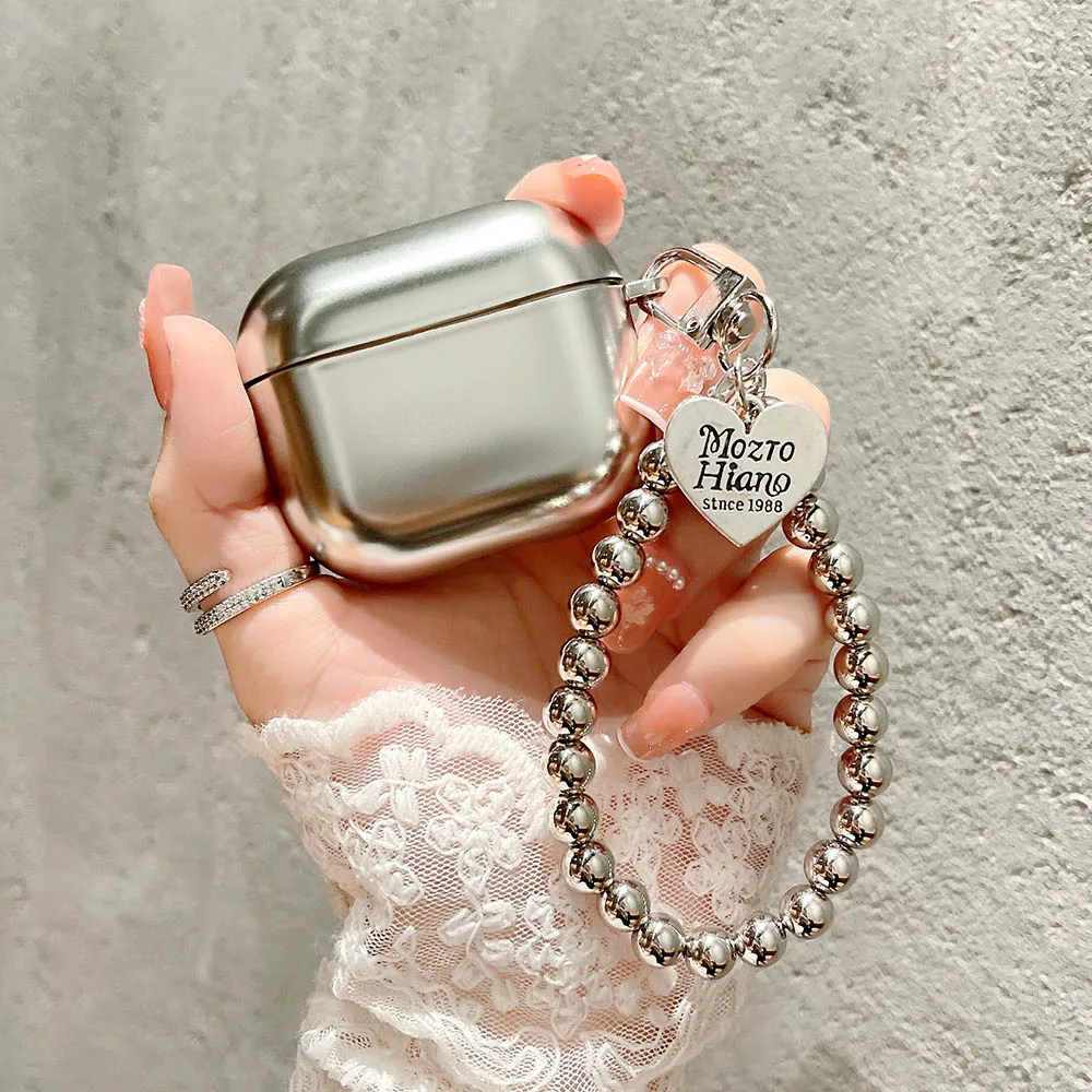 Luxury Plating Silver Cases With Heart Pendant Bracelet Chain For Airpods 4 Pro 2 Earphone Box Shockproof Bag For Airpod 3 Cover